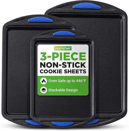 NutriChef 3-Piece Nonstick Cookie Sheets for Baking – Carbon Steel Stackable Bakeware Set w/ Silicone Handles - Non Toxic Baking Pan - Durable & Wrap Resistance, Oven Safe - Easy cleanup by NutriChef%E2%84%A2Kitchen