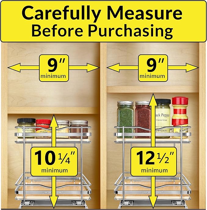 LYNK PROFESSIONAL® Élite™ Pull Out Spice Organization for Cabinets - 8-3/8 inch Wide – Spice Rack for Inside Cabinets – Wood/Chrome - Sliding Spice Rack Organizer for cabinet – Spice Rack - 2 Tier - Image 4