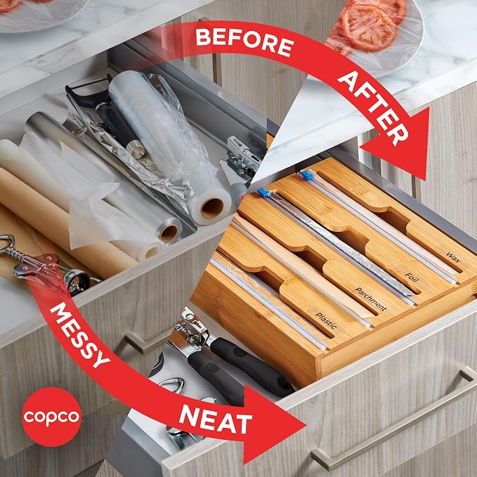 Copco In Drawer or Mounted 4 Compartment Organizer for Plastic, Foil, Wax and Parchment Paper featuring Easy Slide Tabs for Perfect Cut, With 21 Customizable Labels, Bamboo, 13.3 x 11 x 3 Inch - Image 4