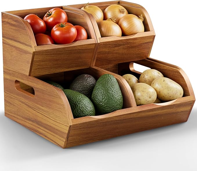 Acacia Wood Pantry Storage Bins - Stackable Open Front Kitchen Baskets for Potato, Onion, Fruit, Vegetable, and Bread Storage, Wood Organizer for Pantry (Warm Acacia) by NAGAWOOD