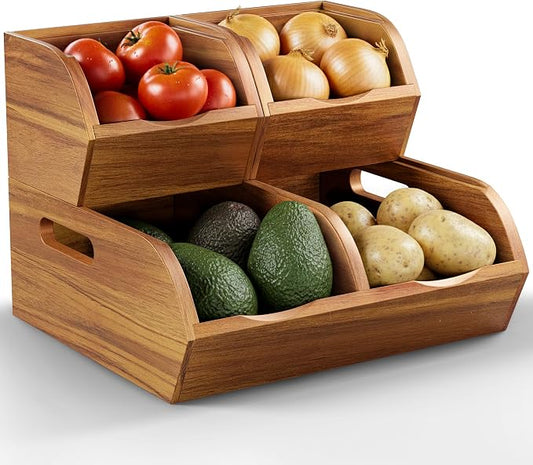 Acacia Wood Pantry Storage Bins - Stackable Open Front Kitchen Baskets for Potato, Onion, Fruit, Vegetable, and Bread Storage, Wood Organizer for Pantry (Warm Acacia) by NAGAWOOD