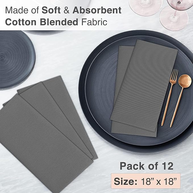 Ruvanti Cloth Napkin Set of 12, 18x18 Inch Soft & Absorbent Cotton Enrich Dinner Napkins for Hotel, Wedding Parties, Napkin-Everyday -Charcoal Grey - Image 4