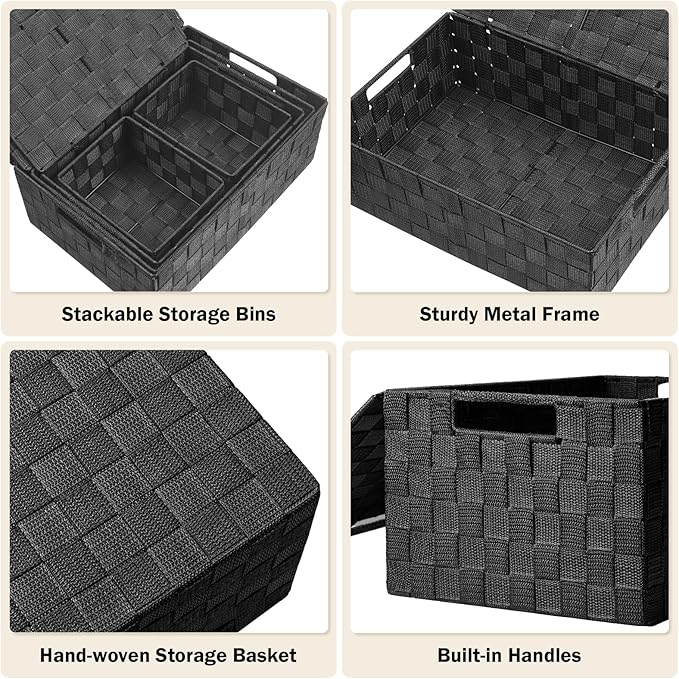 Storage Baskets with Lids: 5 Pack Stackable Woven Storage Bins, Black | Decorative Woven Baskets for Organizing with Built-In Handles for Shelves, Closets, Cabinets and Cubbies, Gift Small Basket - Image 4