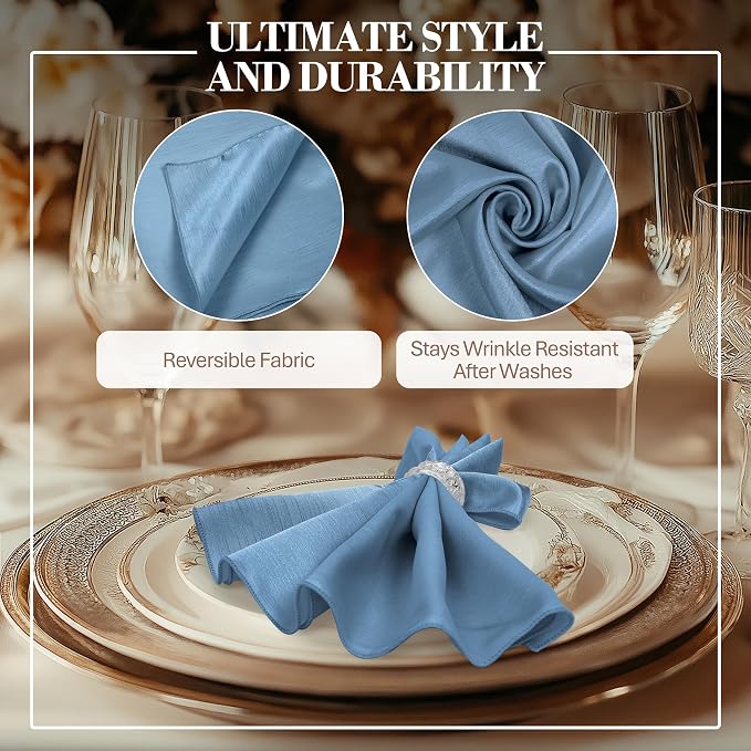 17 x 17-Inch Shantung Satin Cloth Napkins, Slate Set of 24 | Bulk Case of 2 Dozen, Square, 100% Polyester Fabric, Reversible, Faux Dupioni Silk Reverse Side, Machine Washable, Blue - Image 3