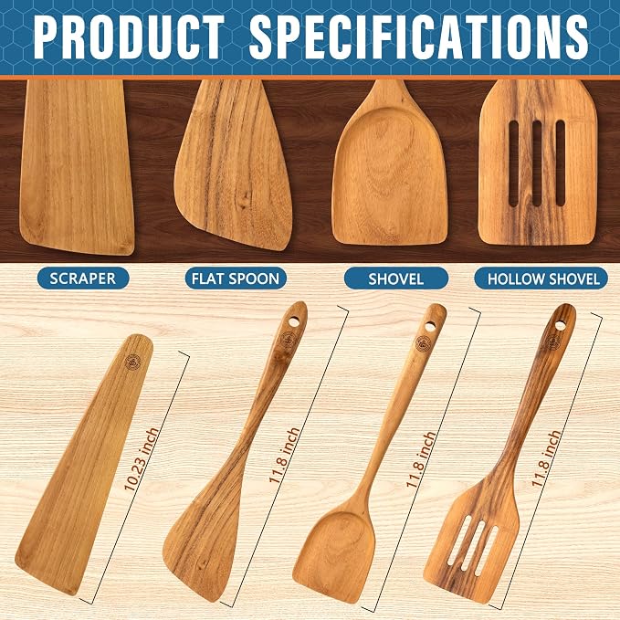 Wooden Kitchen Utensil Set of 4, Natural Wood Spoons and Spatulas, Non Toxic Eco Friendly Durable Wooden Turner and Spatula Set for Cooking. Perfect kitchen cooking utensils. - Image 3