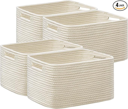 4 Pack Storage Baskets for Organizing, Woven Baskets for Shelves, Beige | 13"Lx9"Wx7.5"H, Woven Basket, Cotton Rope Basket, Toy Storage, Cube Shelf, Gift Baskets Empty, Home Decor by UBBCARE
