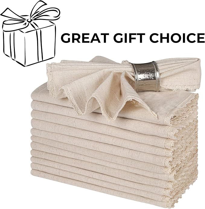 Bedding Craft Cloth Dinner Napkins Linen Flax Cotton 18x18 Set of 12 – Natural with Lace & Mitered Corners – Machine Washable Reusable Fabric Napkins for Weddings, Parties & Table Decorations - Image 9