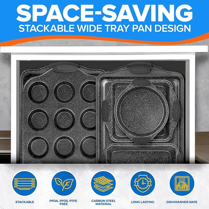 Emporio Kitchen Baking Pan Set - Nonstick Coating, Carbon Steel Bakeware Set with Gray Silicone Handles, PFOA, PFOS, PTFE Free, Recipe Booklet Included, Oven Safe Tray (Up To 450° F), Set of 25 - Gray - Image 5