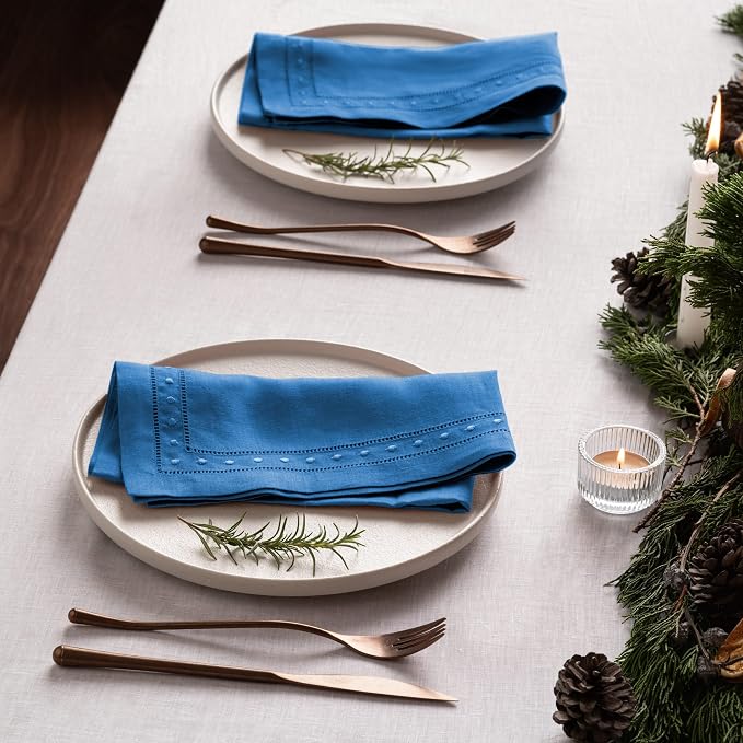 Linen Napkins Set of 4-100% Flax Linen Royal Blue Dinner Napkins with Embroidered Dot 18 x 18 inch - Hemstitch Cloth Napkins Washable for Summer and Wedding Decor - Image 4