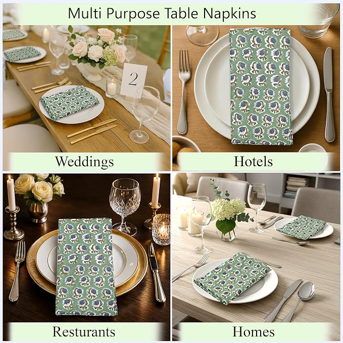 Basil Green Hand Block Print 100% Cotton Napkins 18" x 18" (Set of 4) Reuseable Kitchen Napkins Cloth Decor Dinner Party Wedding Cocktail Gift for Spring, Easter, Summer - Image 8