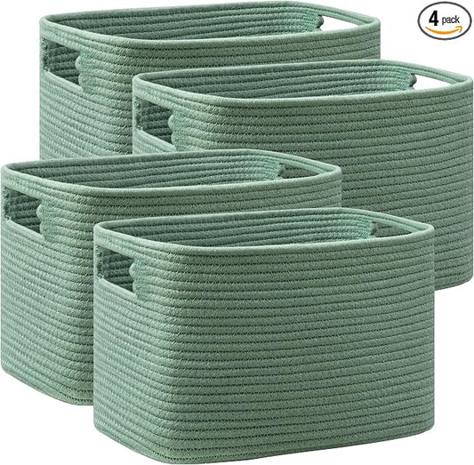 4 Pack Storage Baskets for Organizing, Shelf Baskets with Handles, Green | 14.5"Lx9.8"Wx9"H, Woven Basket, Cotton Rope Basket, Toy Storage, Cube Shelf, Gift Baskets Empty, Home Decor by UBBCARE