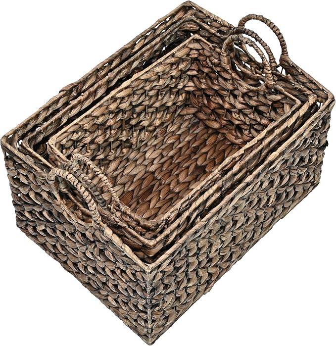 happimess Quinn Storage Baskets 3-Piece Hyacinth Rectangular 18", Brown | Hand-Woven Wicker Organizers, Durable Iron Metal Frame, Integrated Handles, Bohemian Cottage Decor For Nursery - Image 6