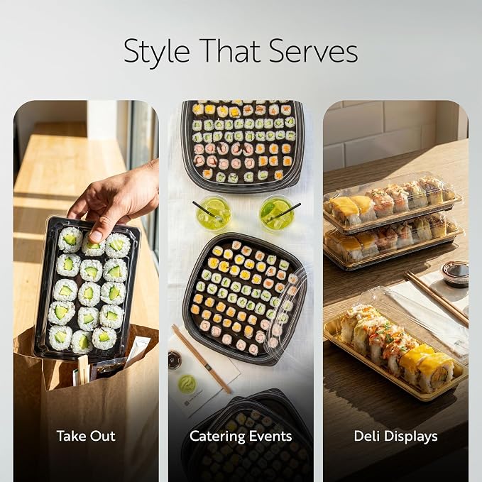 Restaurantware Plastic Sushi Trays 100 Pack of 6.5 x 4.33 x 1.57 Inch With Clear Lids Leak-Resistant Sushi Take Out Boxes Stackable Containers For Grab-And-Go - Image 6