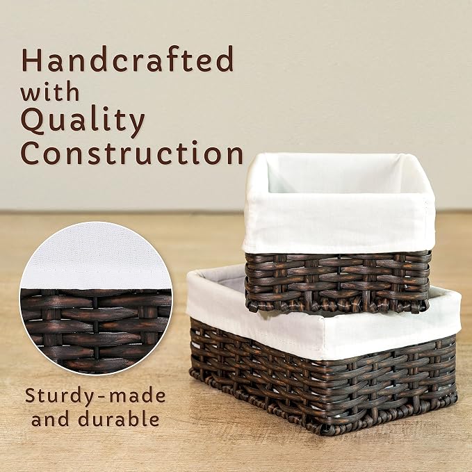 WeeNest Baskets for Organizing, Undershelf Wicker Storage, Hand Woven Organizer for Closet Organization, Rectangular Resin with Lid, Set of 3, Walnut Brown - Image 5