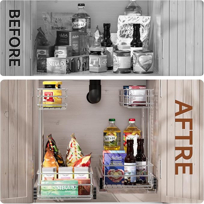 Under Sink Organizer 9" W X19 D, Pull Out Cabinet Organizer 2 Tier | Chrome Plated, Full Slide Out, Under Kitchen Bathroom Sink Organizer, Pantry Cabinet Closet Organization Rack, 1 Pack - Image 3