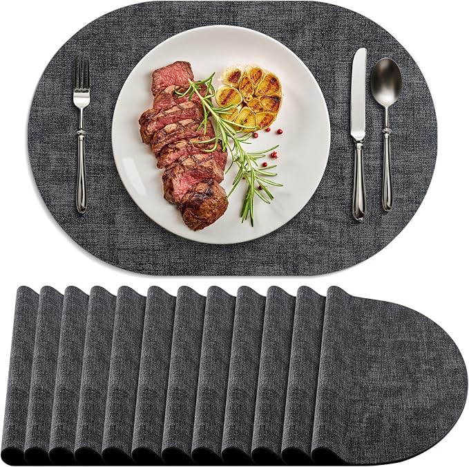 Placemats Set of 12 Washable, Heat Resistant Table Placemats Wipeable Faux Leather Oval Place Mats Non Slip, Waterproof Oval Table Mats for Indoor Outdoor, Charcoal by Delicateandelegantplacemats