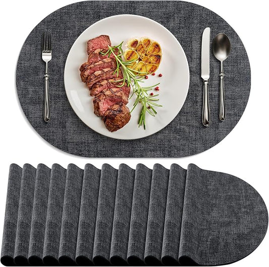 Placemats Set of 12 Washable, Heat Resistant Table Placemats Wipeable Faux Leather Oval Place Mats Non Slip, Waterproof Oval Table Mats for Indoor Outdoor, Charcoal by Delicateandelegantplacemats