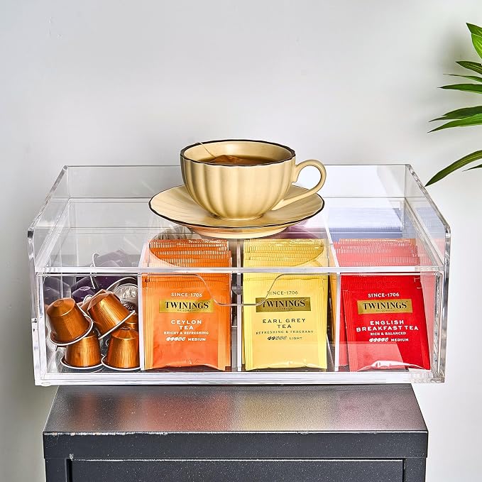 Heavy-Duty Acrylic Tea Station with 8-Compartment Drawer Organizer | Versatile Design: Features a smooth-sliding drawer with 8 compartments, plus a sturdy station top for coffee pods or mugs - Image 10