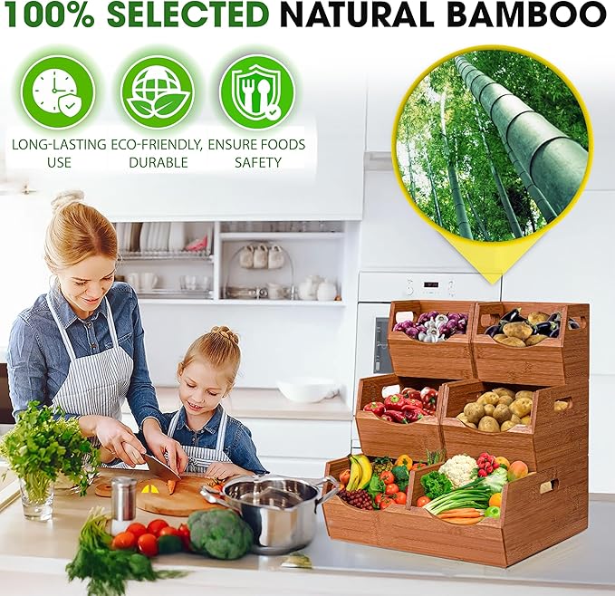 3-tier Stackable Bamboo Pantry Storage Bins, Potato & Onion Storage Baskets | Upgraded Storage Basket with Handles, Removable Divider, Pantry Organizer Holder for Kitchen, Cabinet, Fruit Storage (Walnut) - Image 6