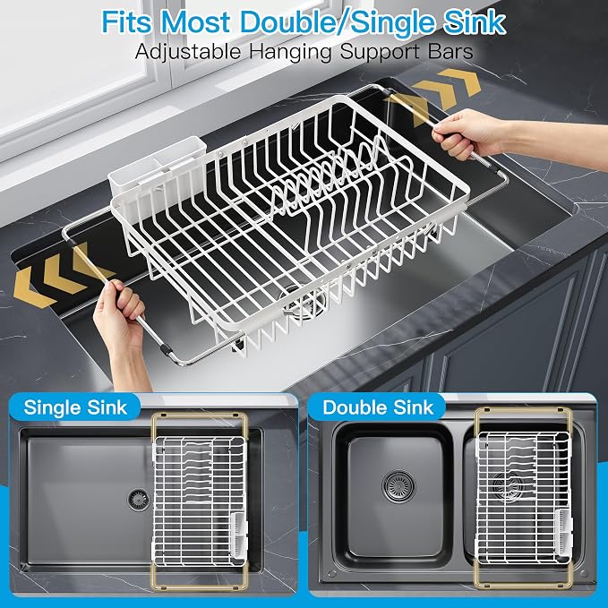 JASIWAY White Dish Drying Rack Over the Sink with Utensil Holder | Expandable Stainless Steel Dish Driainers for Small Kitchen, Counter Space Saving, Fast Drain, Rust Resistant, For Apartment - Image 3