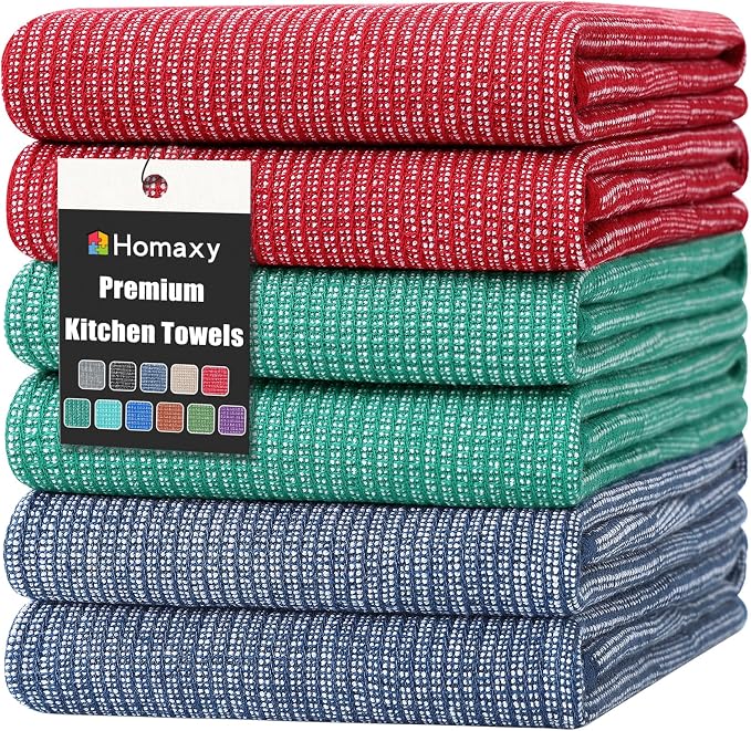 Homaxy 380 GSM Cotton Premium Kitchen Towels 6 Pack, 18"x 28", Mix | Flat and Terry Dish Towels, Highly Absorbent Tea Towel Set with Hanging Loop, Soft Kitchen Hand Towels, Navy/Red/Green by Homaxy