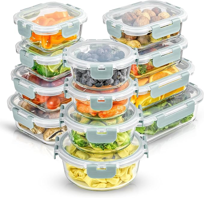 JoyJolt 24pc Borosilicate Glass Storage Containers with Lids | 12 Airtight/Freezer Safe Food Storage Containers for Pantry and Kitchen | Meal Prep Container for Lunch | Glass Tupperware Set by JoyJolt