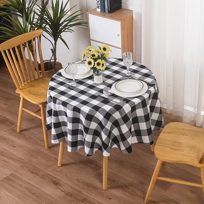 Cupuamon 2 Pack Waterproof Polyester Fabic Round Checkered Tablecloth，60 Outdoor Table Cloth，Oil Stain Prevention Table Cloth for Pinics and Parties（Black and White） by Cupuamon