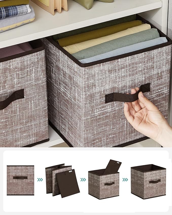 SONGMICS Storage Cubes, 11-Inch Non-Woven Fabric Bins with Double Handles, Set of 6, Closet Organizers for Shelves, Foldable, for Clothes, Walnut Color UROB026K02 - Image 6