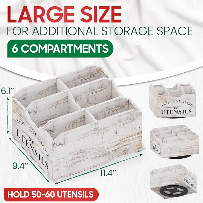 Extra-Large Kitchen Utensil Holder for Countertop-360° Rotating Base | 6-Compartments Cooking Utensil Organizer, Removable Divider, Wooden Utensil Organizer for Countertop, Farmhouse Kitchen Decor - Image 4