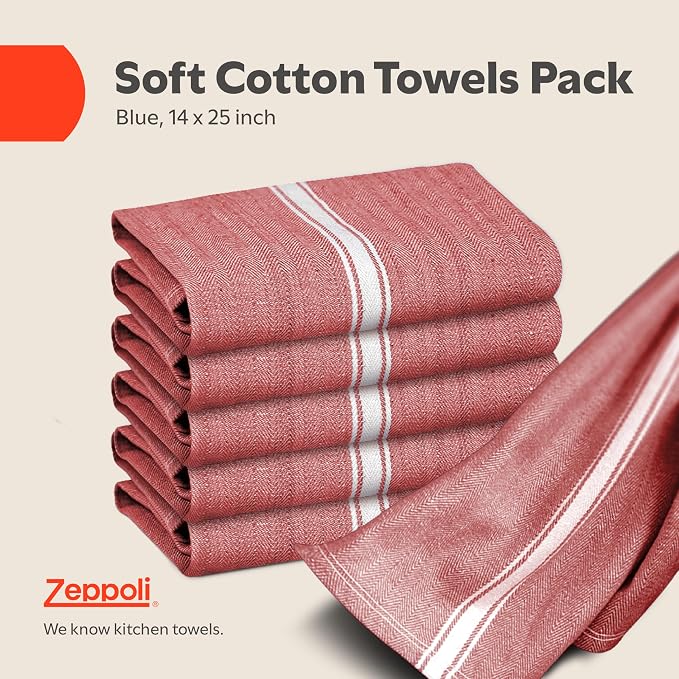 Zeppoli Classic 15 Pack 100% Natural Cotton Kitchen Towel Set, Reusable Wash Cloths, Absorbent Dish Towels, Machine Washable Hand Towels, Kitchen Essentials - 14' by 25' - Red Base - Image 2