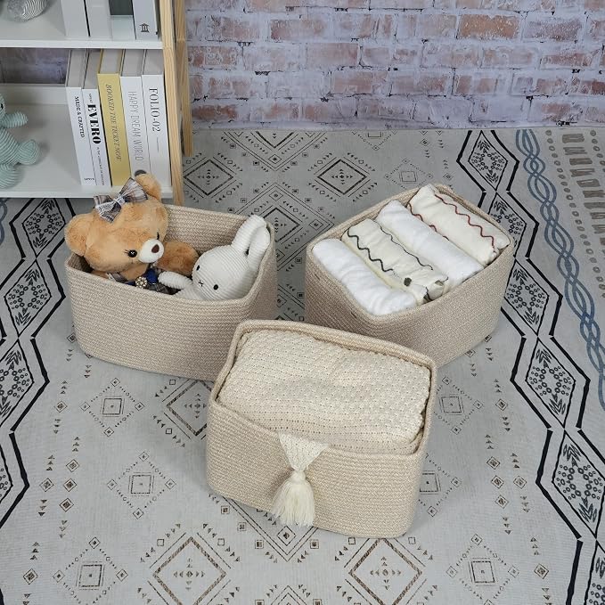 XUANGUO Woven Cotton Rope Storage Baskets 15x10x9.3" 3 Pack Oatmeal | Decorative rectangular storage baskets for shelves and closets; storage bins organize clothes, toys, books and nursery items - Image 6