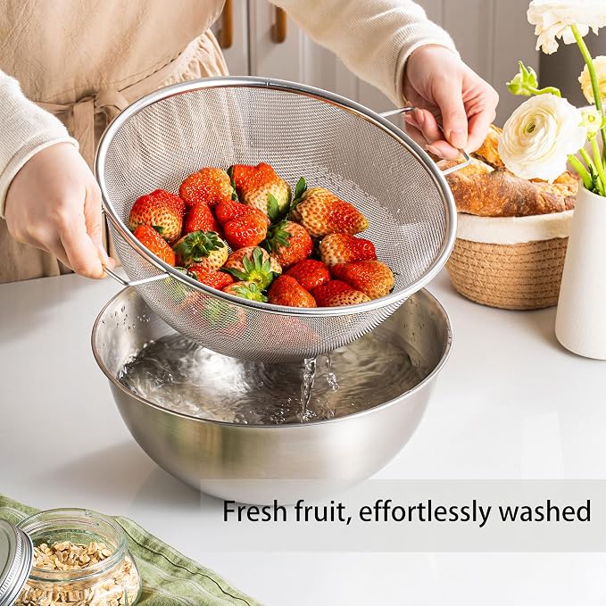 18/8 Stainless Steel Fine Mesh Colander Set, 3.5Qt | Includes 1 mixing bowl with built-in measurement marks and 1 fine 20-mesh strainer for rinsing, mixing, and draining. - Image 9