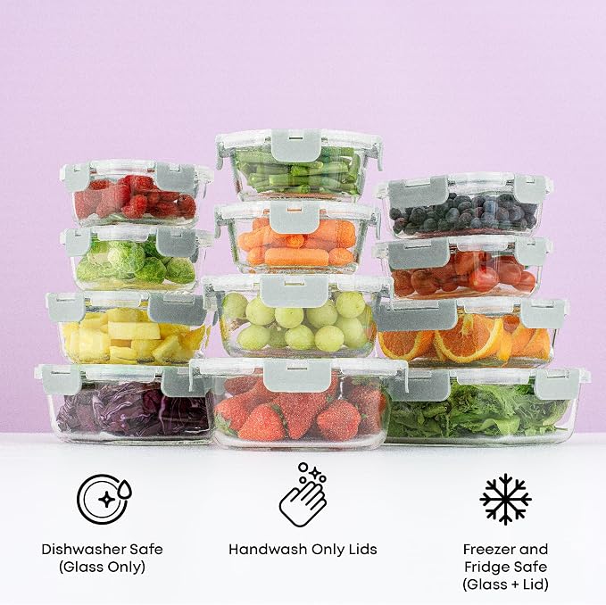 JoyJolt 24pc Borosilicate Glass Storage Containers with Lids | 12 Airtight/Freezer Safe Food Storage Containers for Pantry and Kitchen | Meal Prep Container for Lunch | Glass meal Set - Image 2