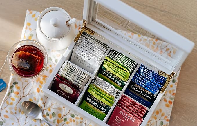 Break Tradition Wooden Tea Organizer For Tea Bags - Wooden Tea Chest With 6 Compartments - Clear Top Window - Lid Stays Open (White) - Image 6