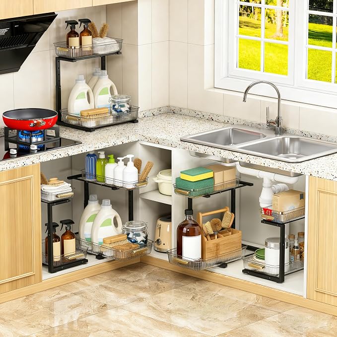 ARSTPEOE Under Sink Organizer - 2 Pack Multi-Purpose Pull-Out Storage Shelf | Slide out Pull out Cabinet Organizer Shelf, Storage for Kitchen Bathroom, Clear - Image 6