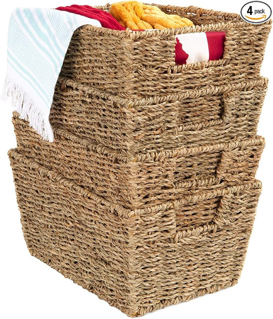 Best Choice Products Rustic Set Of 4 Multipurpose Stackable Seagrass Storage Basket, Handwoven Laundry Organizer Totes for Bedroom and Living Room, Shelves, Pantry w/Insert Handles - Natural by Unknown