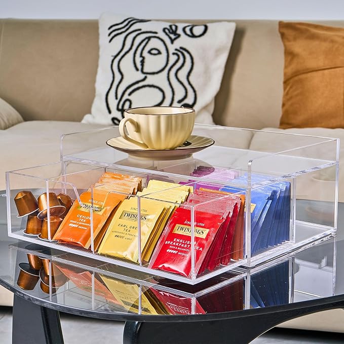 Heavy-Duty Acrylic Tea Station with 8-Compartment Drawer Organizer | Versatile Design: Features a smooth-sliding drawer with 8 compartments, plus a sturdy station top for coffee pods or mugs - Image 4