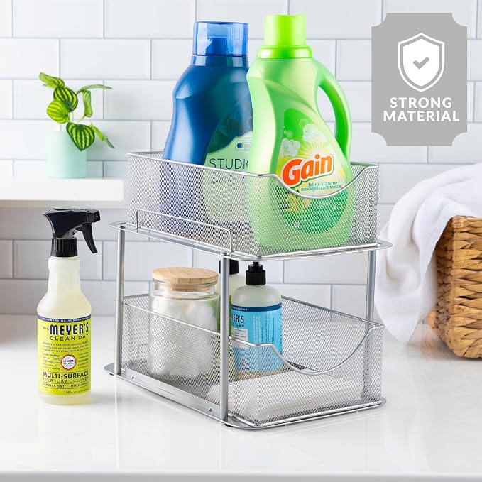 Sorbus 2 Tier Metal Under Sink Organizer for Bathroom, Kitchen, Strong Steel Mesh Sliding Drawers for Under Sink, Under Cabinet, Closet, Kitchen, Pantry, Bathroom Organizers and Storage (Silver) - Image 6