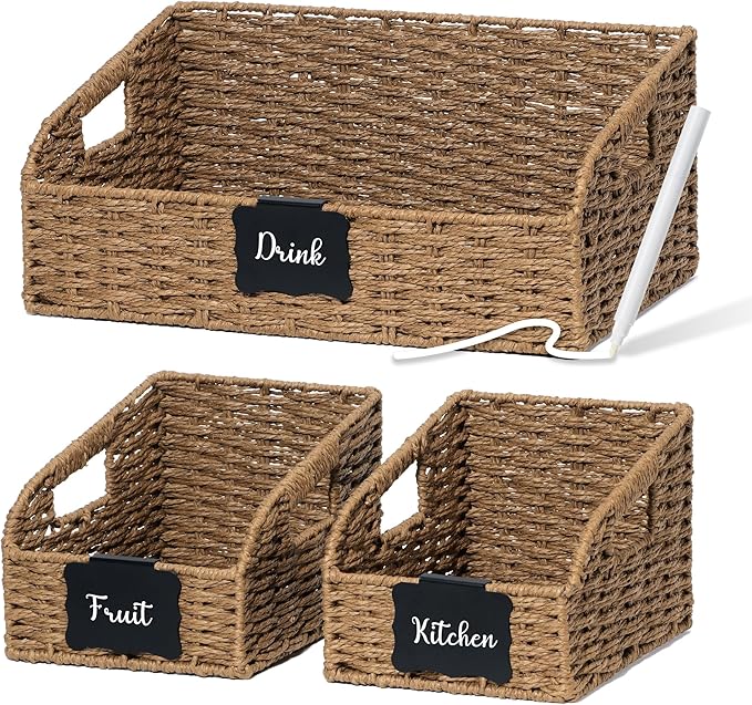 Pantry Organizers, Large Wicker Baskets for Shelves, Labeled Storage Baskets for Organizing with Handles - Paper Storage Bins for Shelves, 3 Pack, Brown by Unknown