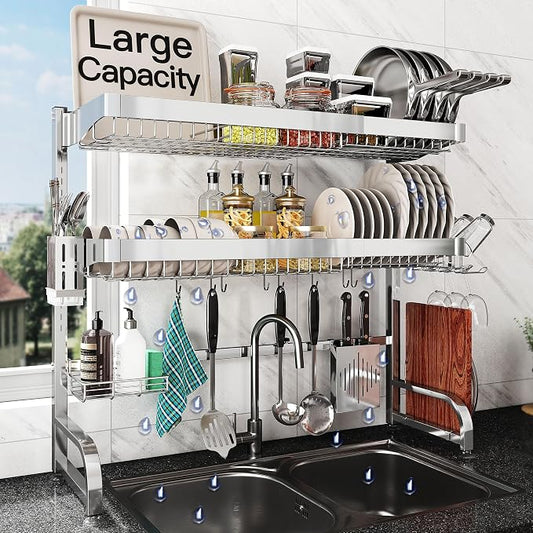 Over The Sink Dish Drying Rack, Extra Large Capacity Dish Drainer | 3 Tier Extra Large All Stainless Steel Expandable Plate Strainers, Rustproof Metal, Counter Space Saving, Modern Silver by Boosiny