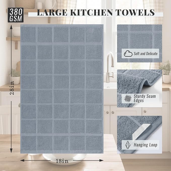 Homaxy 100% Cotton Kitchen Towels 18"x28", 8 Pack Dish Towels, Grey | Large 380 GSM Soft and Absorbent Kitchen Hand Towels with Terry Grid Design, Utility Tea Towel Set with Hanging Loop - Image 2