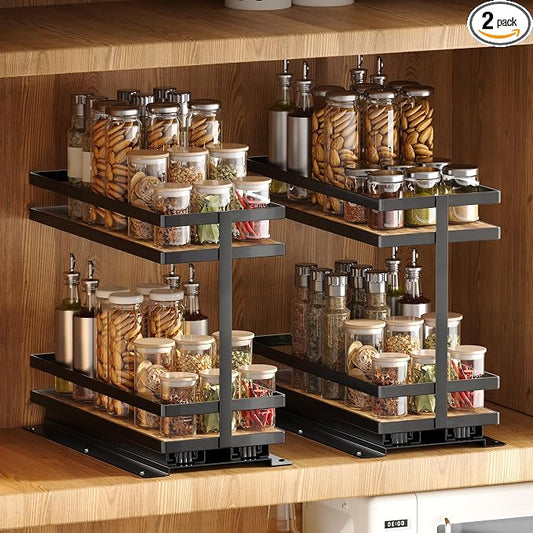 Pull Out Spice Rack 2Pcs Metal & Wood Seasoning Organizer Black | No-Drill Install | Full-Extension Silent Glide | Each Tier Holds 10–12 Standard Spice Bottles | Rustproof, Wipe-Clean Surface by HOFUSUSER