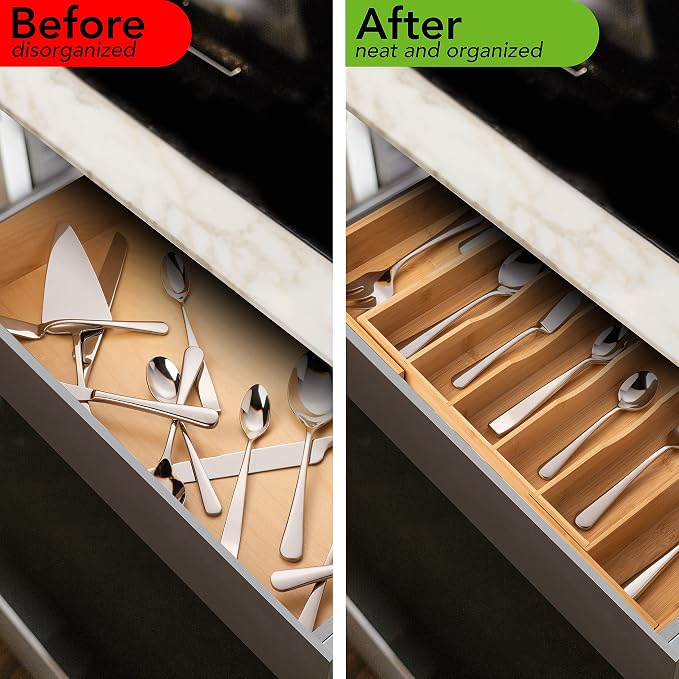 Bamboo Expandable Silverware Holder, Adjustable Cutlery Organizer, Wood Organizers Tray for Flatware, Knives and Utensils - Fits Most Drawers (9 Slots) - Image 2