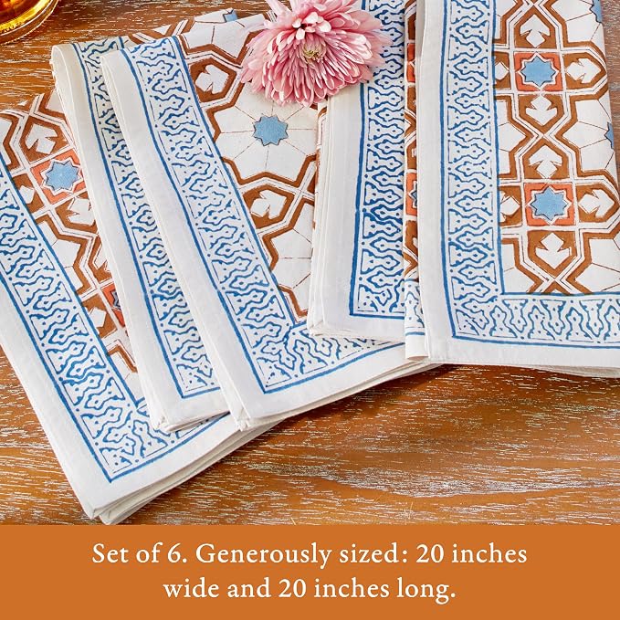 100% Blue Cotton Dinner Napkins, Set of 6, Hand Printed Mosaique Bleue Main Design, Fair Trade, Washable Cloth Napkins for Parties & Cocktails 20x20 in - Image 5