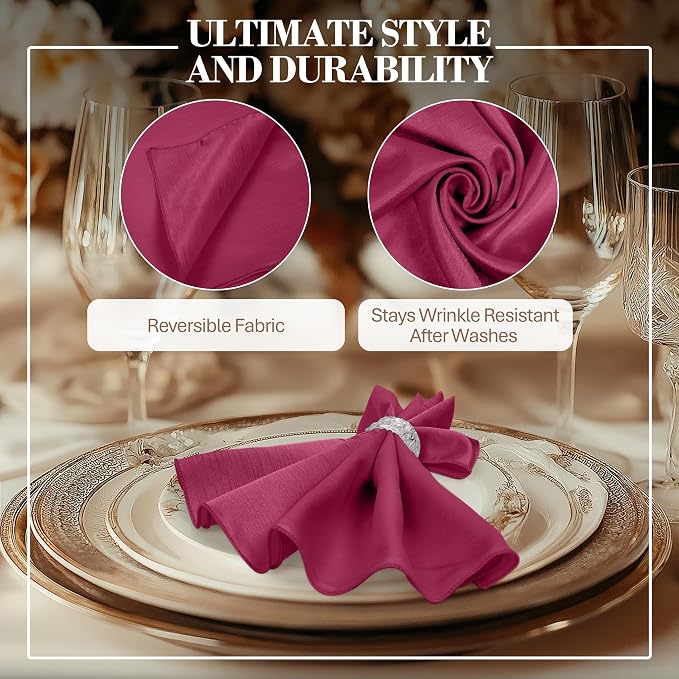 17x17-Inch Shantung Cloth Napkins, Raspberry, Set of 36 | Bulk Case of 3 Dozen, Satin, Square, 100% Polyester Fabric, Reversible, Faux Dupioni Silk Reverse Side, Machine Washable, Red - Image 3