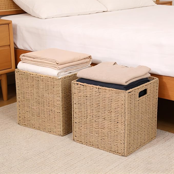 Foldable Storage Baskets with Handles, 11x11x11 Inch, 2 Pack | Paper Rope Square Storage Cubes Bins for Shelves, Living Room, Bedroom, Pantry - Image 7