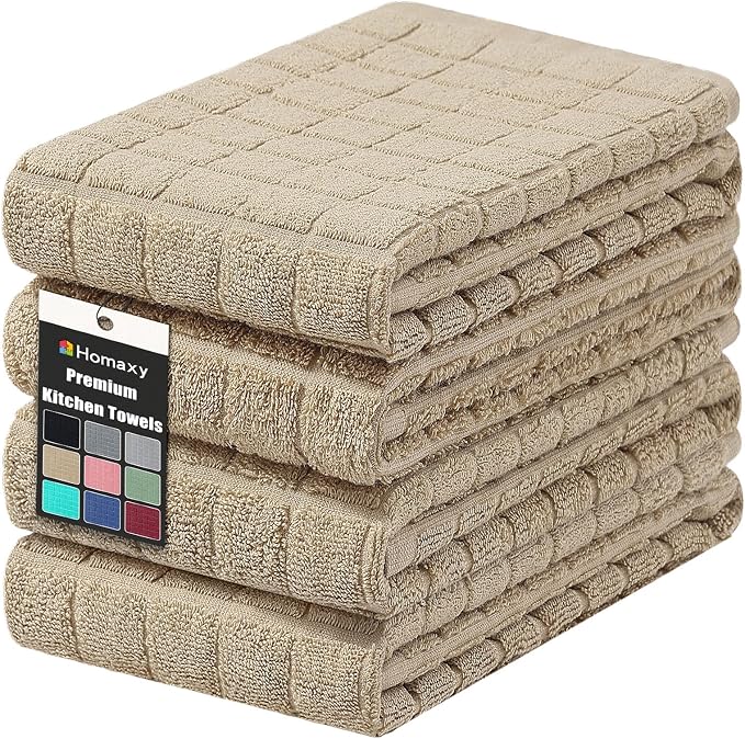 Homaxy Premium Ring Spun Cotton 390 GSM Kitchen Towels, 6 Pack, Tan | 16" x 28" Large Dish Towels, Super Absorbent Terry Hand Towels, Soft Tea Towels with Hanging Loops by Homaxy