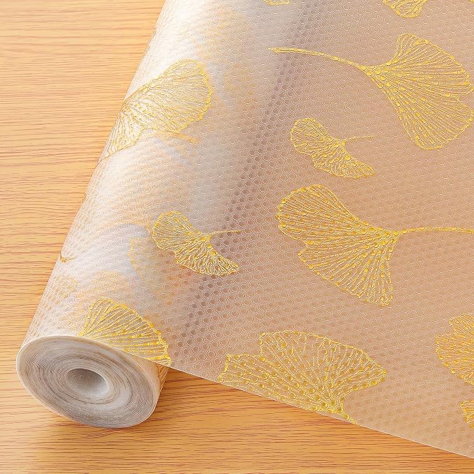 Cooyes Shelf Liner, Non Adhesive Drawer and Cabinet Liner, EVA Washable Oil-Proof Shelf Paper for Kitchen Cabinets, Refrigerator, Storage, Desks with Modern Pattern （Gold Ginkgo，17.5" W x 360" L） by Cooyes