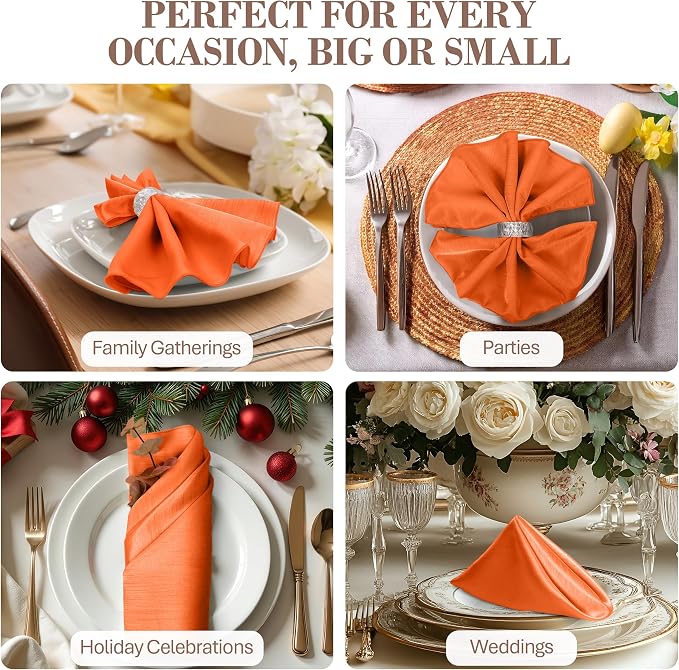 17x17-Inch Shantung Satin Cloth Napkins, Orange, Set of 12 | Bulk Case of 1 Dozen, Square, 100% Polyester Fabric, Reversible, Faux Dupioni Silk Reverse Side, Machine Washable - Image 4