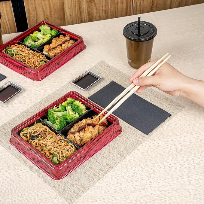 Restaurantware-Bento Tek 16.1 Ounce Meal Prep Containers, 100 Disposable To Go Food Boxes - Lids Sold Separately, 3 Compartments, Red And Black Plastic Bento Lunch Boxes, Freezable, For Take Out - Image 3